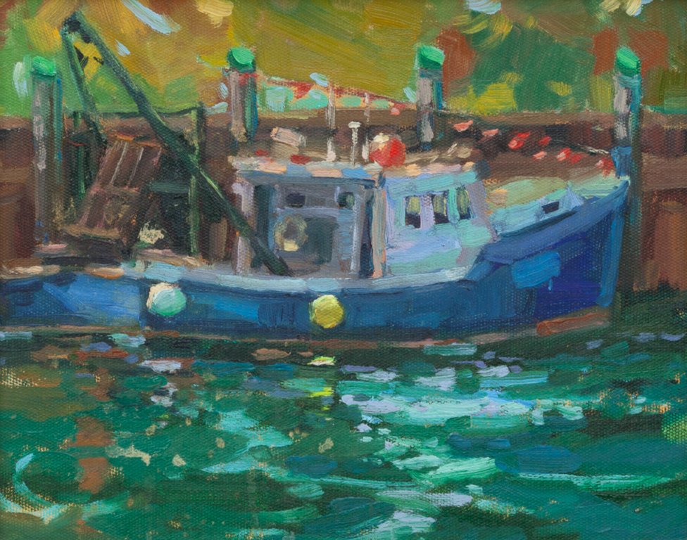 Lobster Boat Moored in Orleans, MA8" x 10"Oil on panel