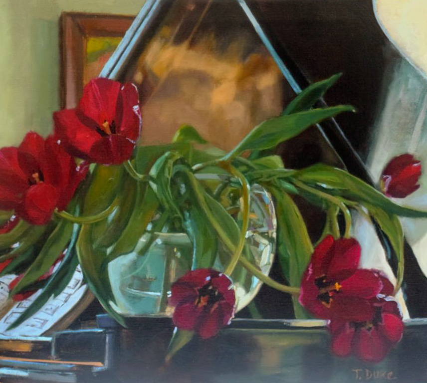 Steinway with Red Tulips - July16" x 18"Oil on linen